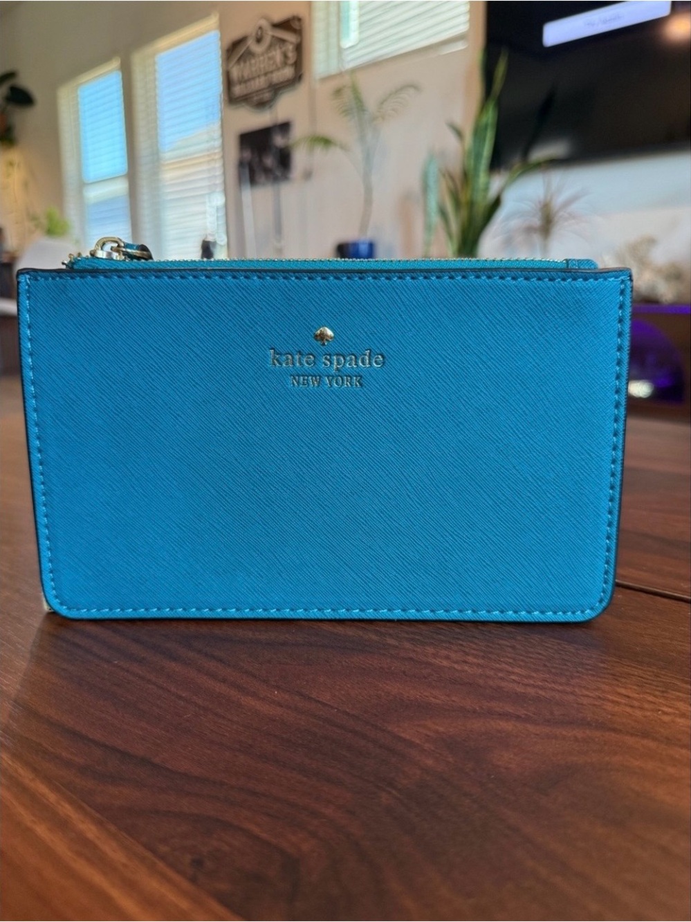 kate spade teal saffiano zip card holder wallet